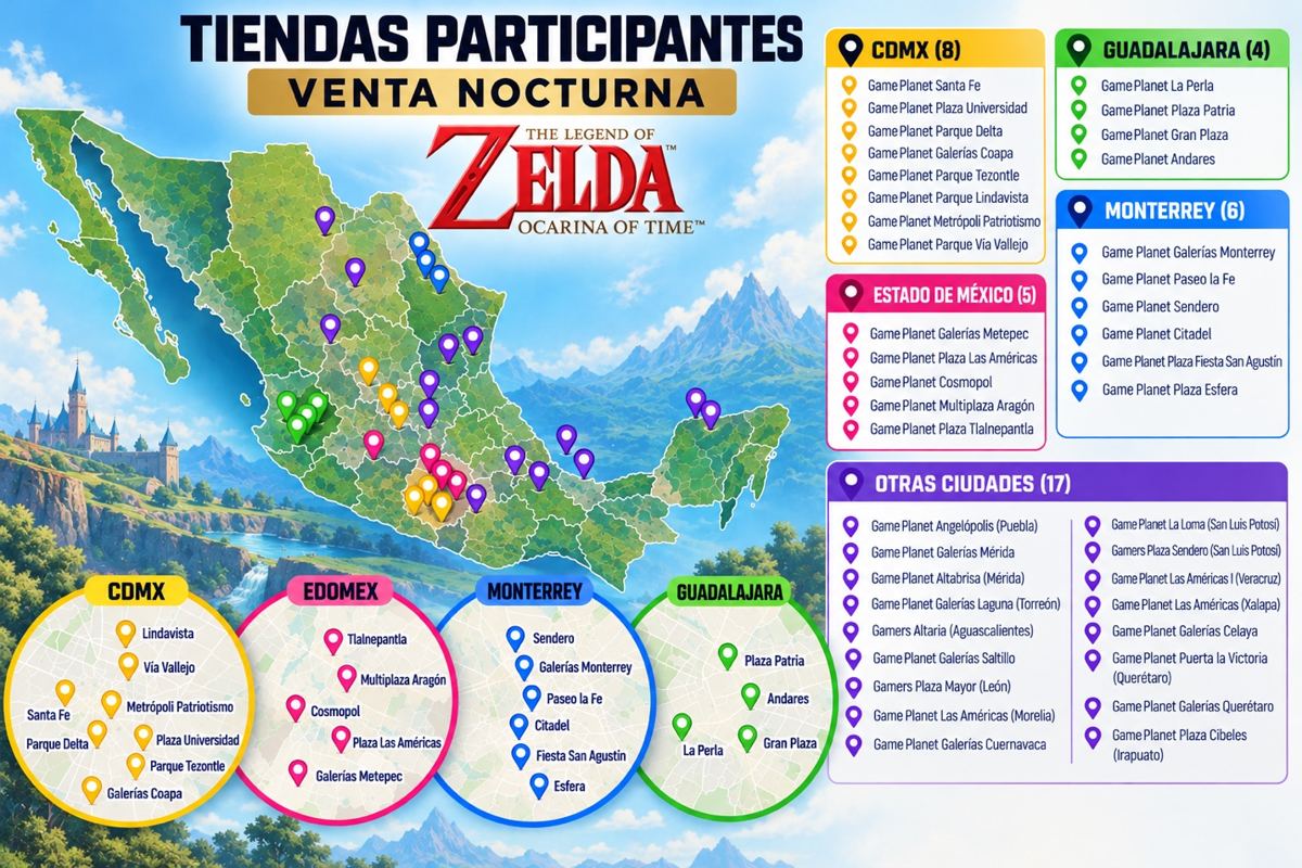 Mapa de tiendas participantes en la Venta Nocturna de The Legend of Zelda: Ocarina of Time